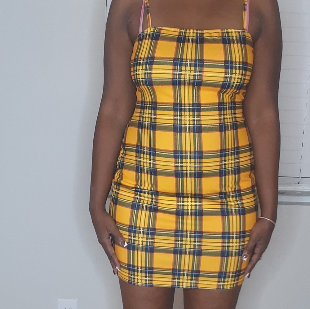 Yellow plaid bodycon dress